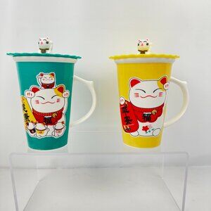 2 Ebros Lucky Cat Maneki Neko Ceramic Tall Drink Yellow Green Mug Silicone Cover